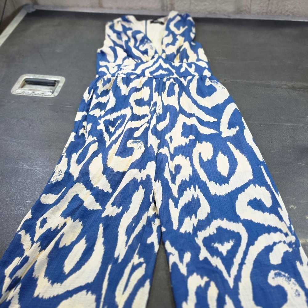 Cider Blue Cream Abstract Ikat Print V-Neck Wide Leg Jumpsuit Coastal Zebra Lrge
